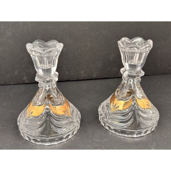 Vintage Set Lead Crystal CANDLE HOLDERS Gold Wing Design Anna Hutte Bleikristall - Picture 10 of 16